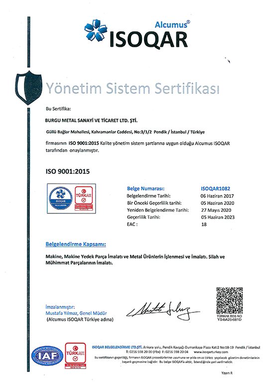 ISO 9001:2015 Quality Management System Certificate — Burgu Savunma